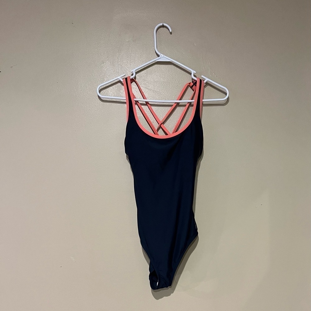 All in Motion Women's Cross Back One Piece Swimsuit Navy Blue Pink Size S Beach